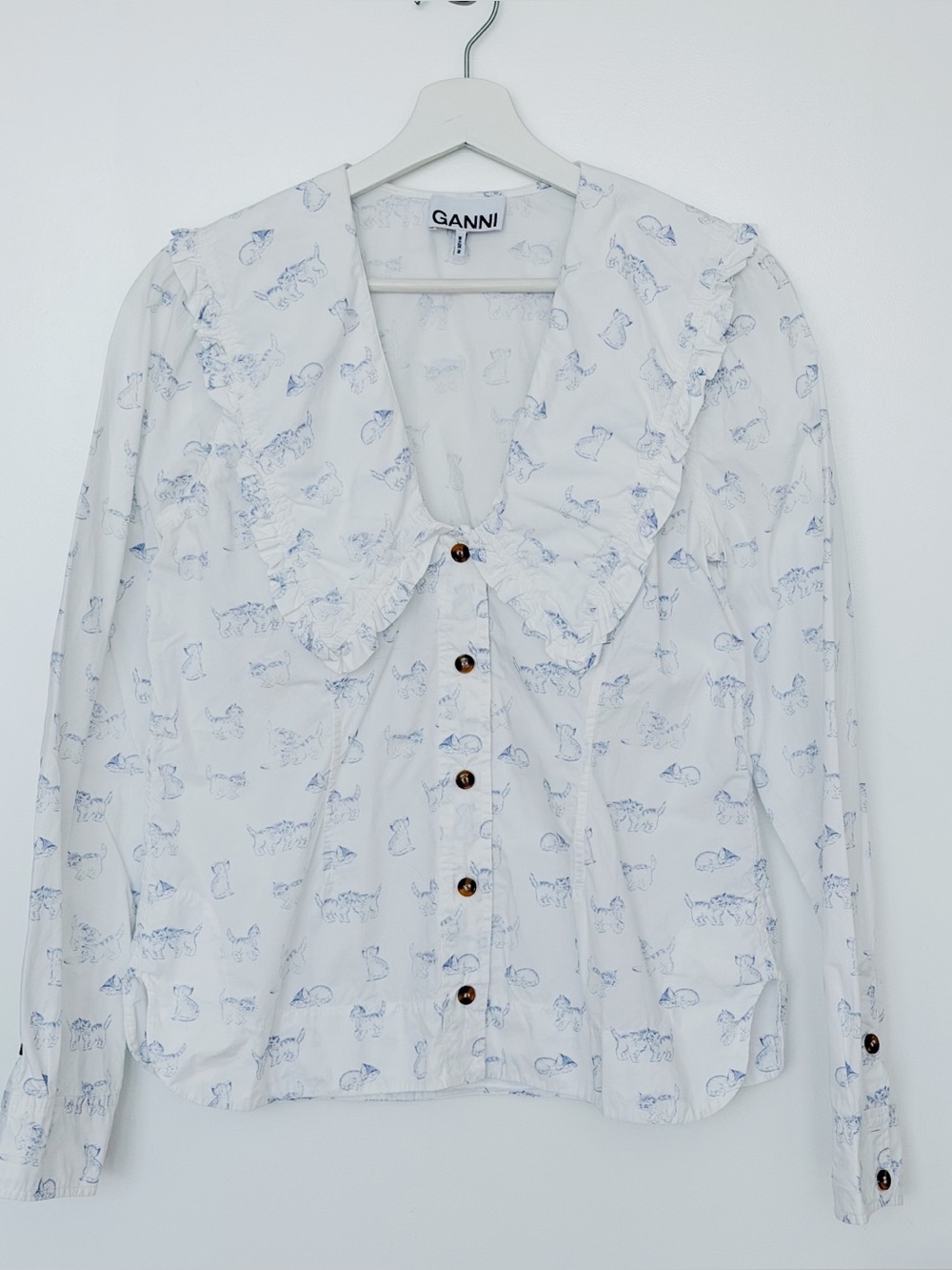 Ganni White Poplin Blouse with All-over Kittens Print